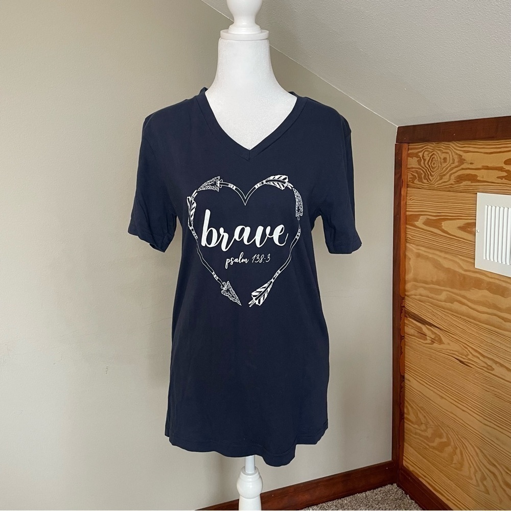 Bella Canvas Navy Blue Brave Bible Verse Short Sleeve V-Neck Tee Small